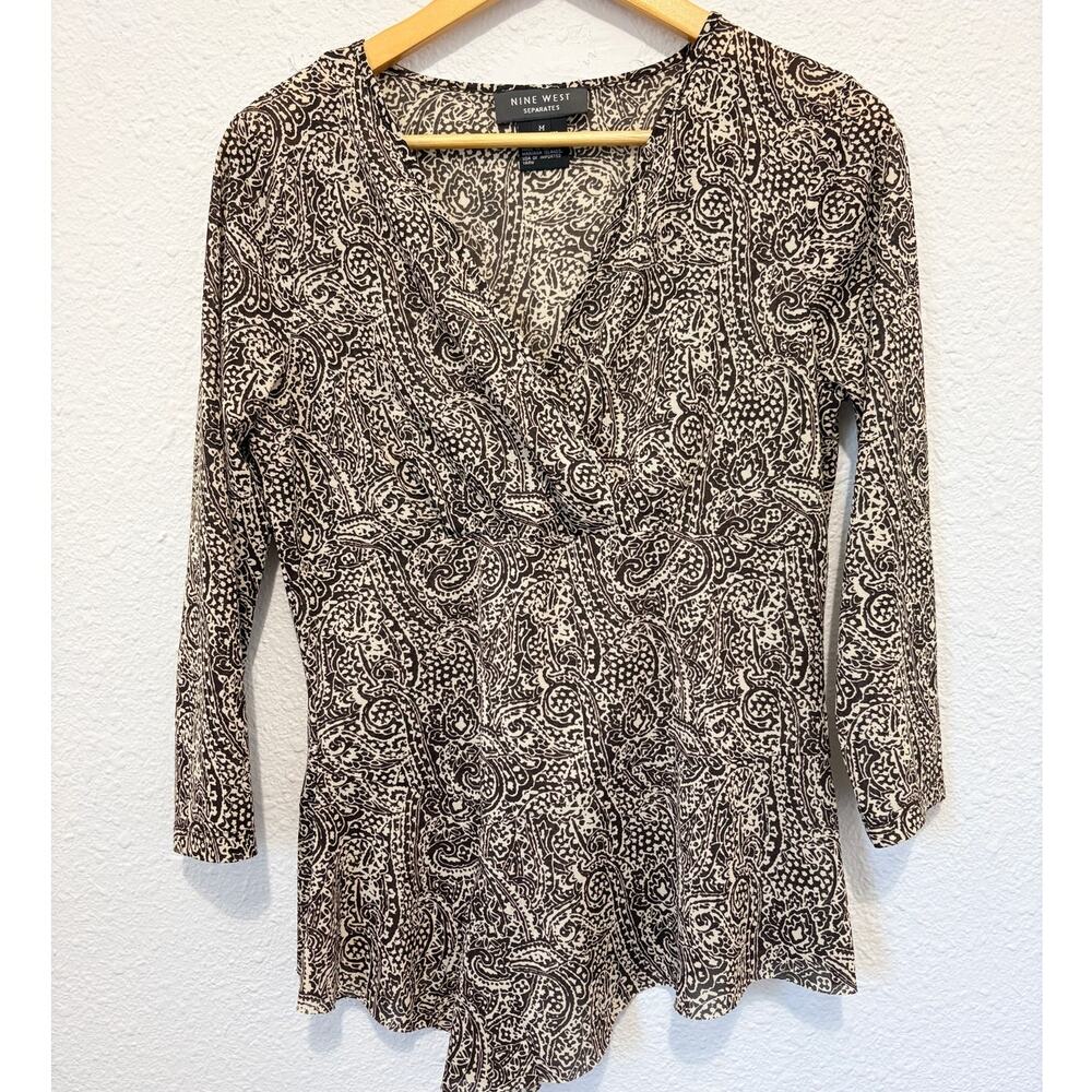 Y2K Paisley Faux Wrap Blouse Asymmetrical Euro Brown Whimsygoth Boho Mesh